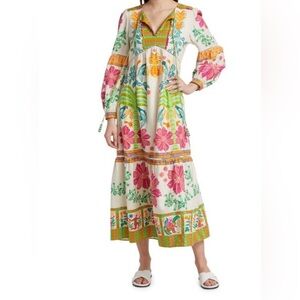 Farm Rio Fruits Queen Tropical Printed Linen-Blend Long Dress V-Neck Size L